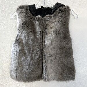 Faux Fur Hooded Vest Gray Knit Back Sleeveless Women's S Boho Chic